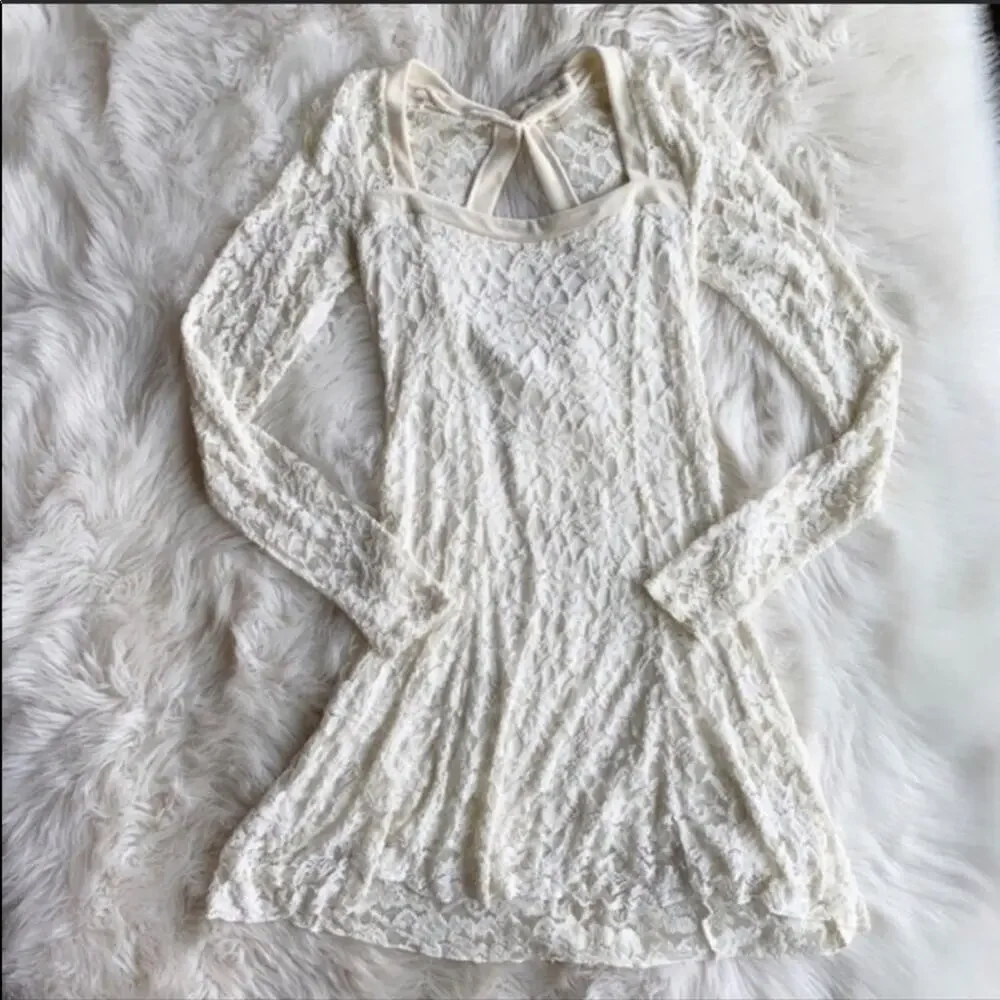FP FREE PEOPLE Cream White Flirt For You Lace Sheer Long sleeve Mini Dress Small